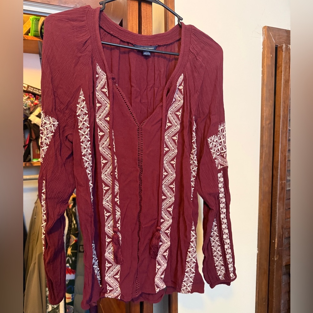 American Eagle Outfitters Burgundy Embroidered Blouse